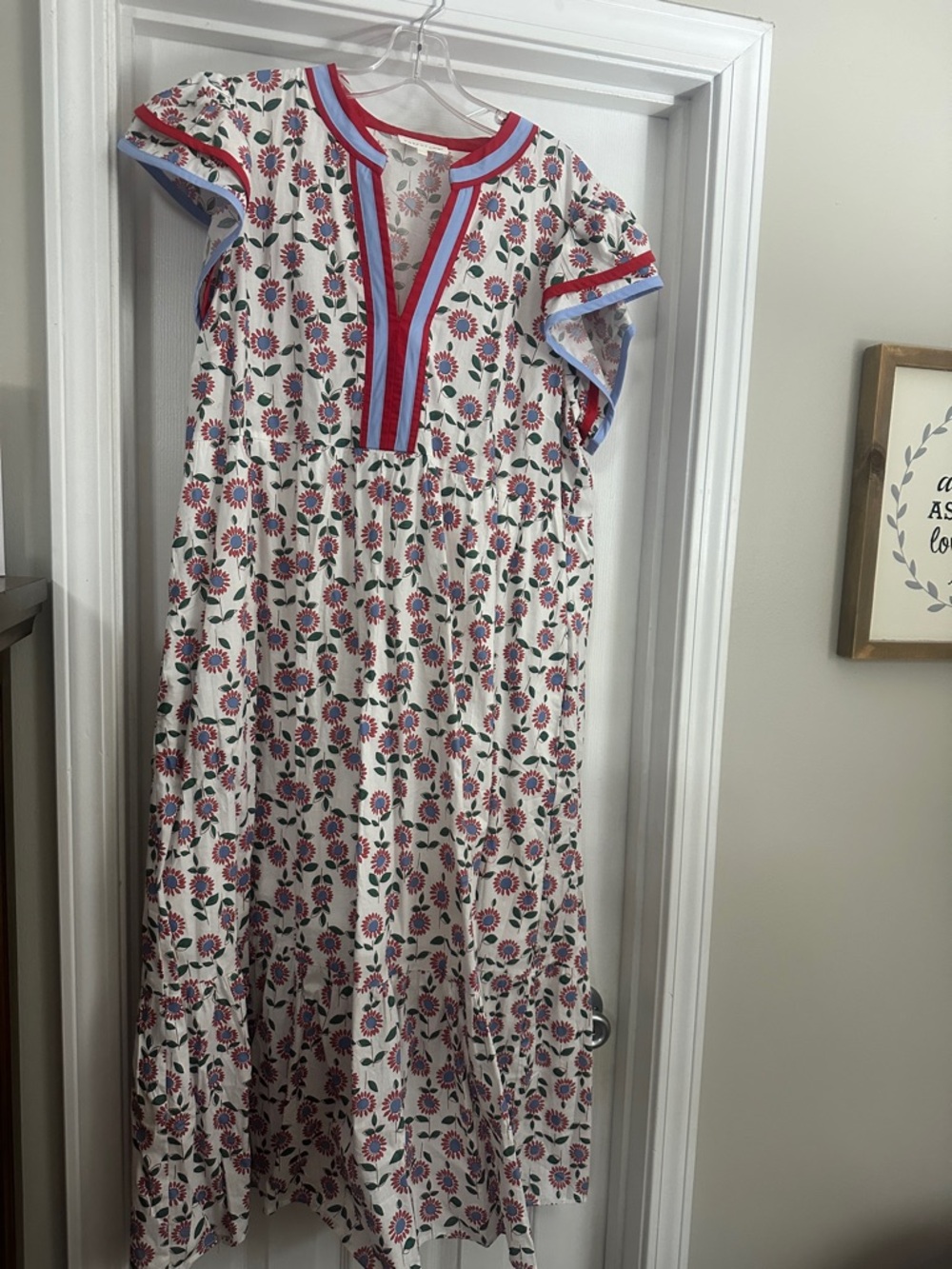 entro White Floral Maxi Dress with Red & Blue Trim